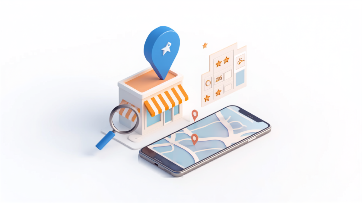 Googleマップ上に店舗が表示される様子を表したアイソメトリックイラスト