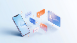 スマホの周りに口コミカードが浮かぶアイソメトリックイラスト