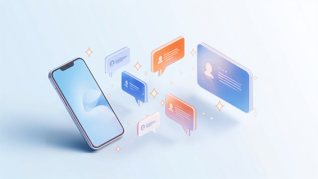 スマホの周りに口コミカードが浮かぶアイソメトリックイラスト