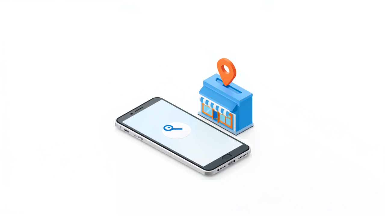 スマートフォンで店名を検索するイメージのアイソメトリックイラスト