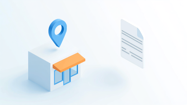 Googleビジネスプロフィールの説明欄と店舗・地図ピンを表したアイソメトリックイラスト