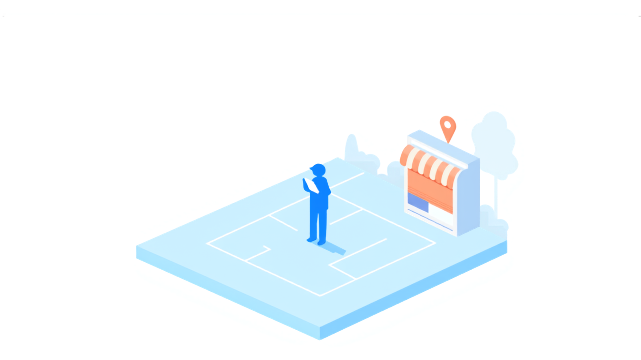 スマートフォンを持つ人と地図上の店舗を表したアイソメトリックイラスト