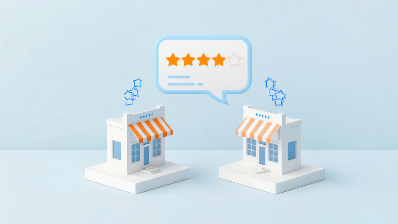 2つの店舗と星評価の吹き出しで口コミ比較を表したアイソメトリックイラスト