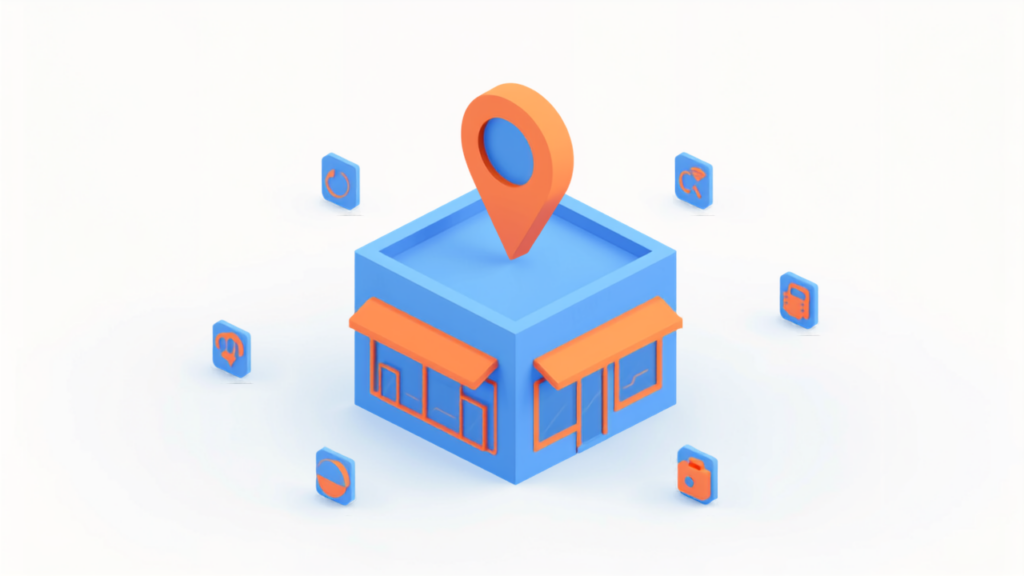 Googleビジネスプロフィールの店舗と地図ピン・各種属性アイコンを表したアイソメトリックイラスト