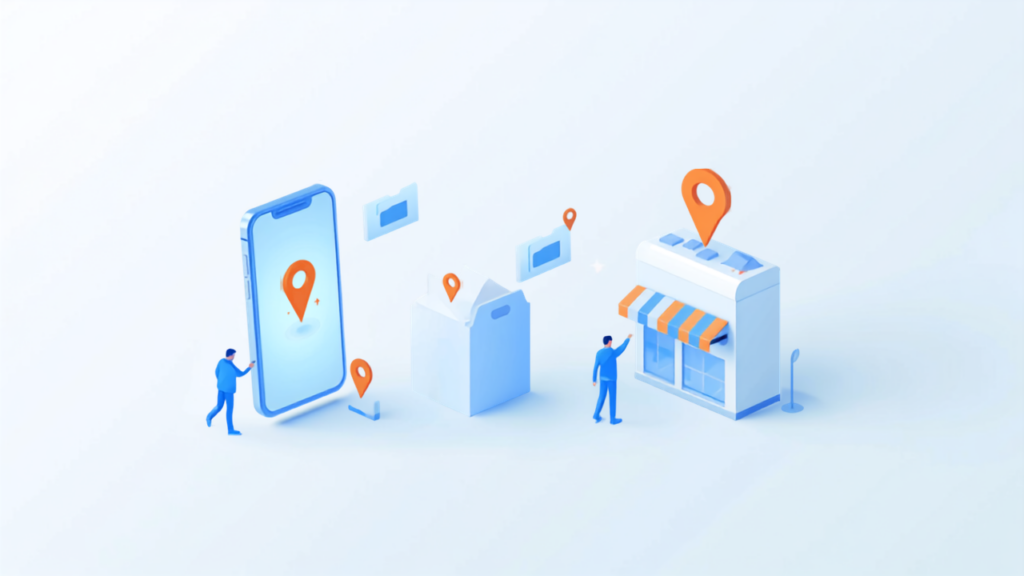 Googleビジネスプロフィールのカテゴリ選びを表すアイソメトリックイラスト