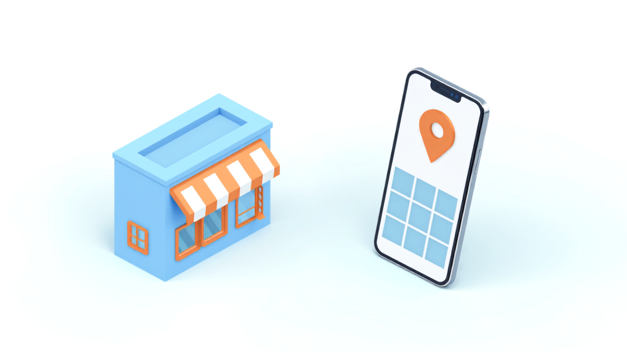 店舗とGoogleマップの写真を表すアイソメトリックイラスト