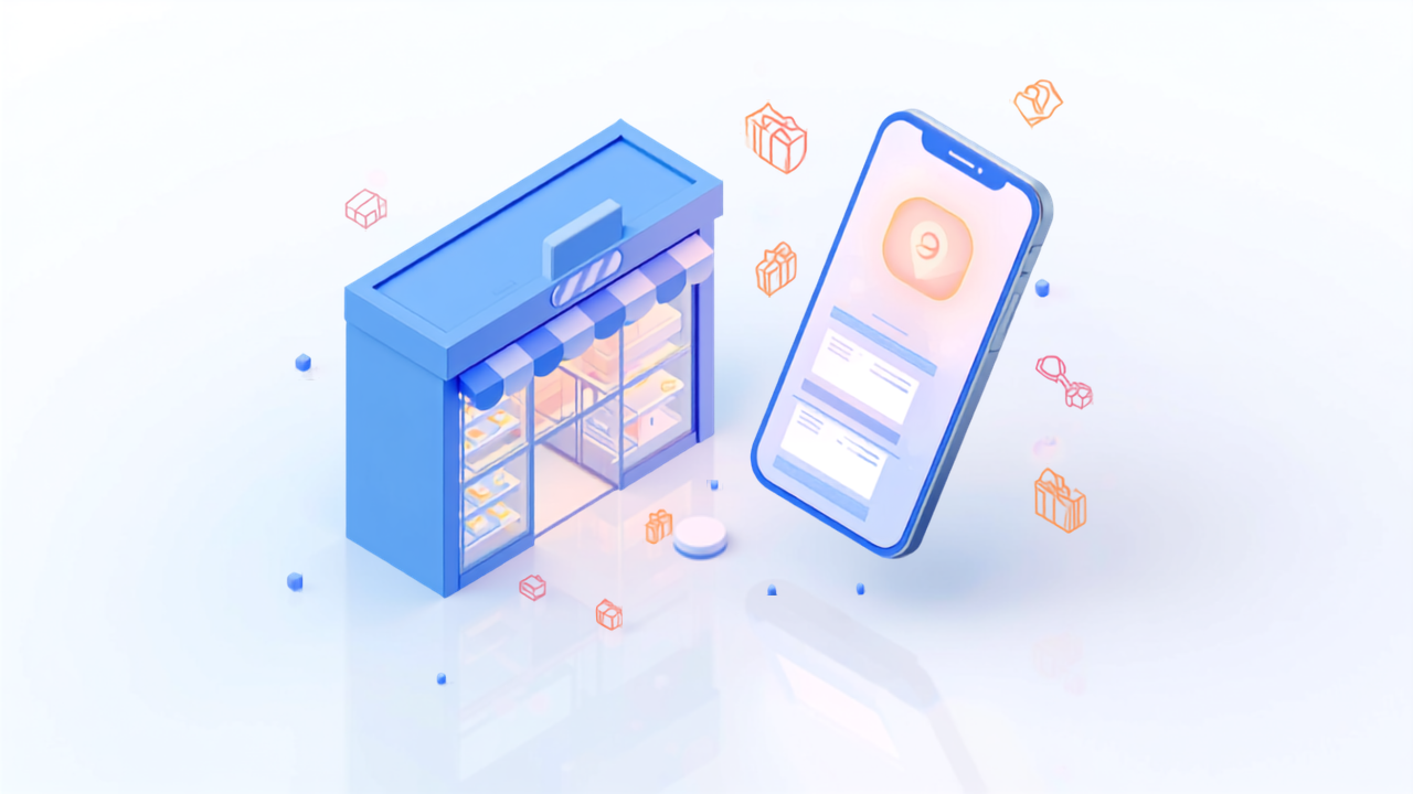 商品エディタの登録手順イメージ（店舗とスマホに表示された商品カードのイラスト）