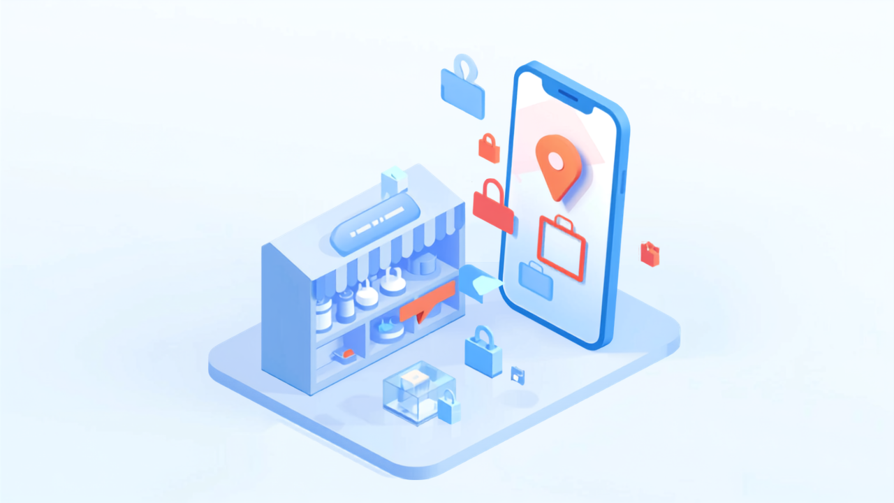 Googleビジネスプロフィールの商品・サービス登録のイメージ（店舗とスマートフォンのアイソメトリックイラスト）