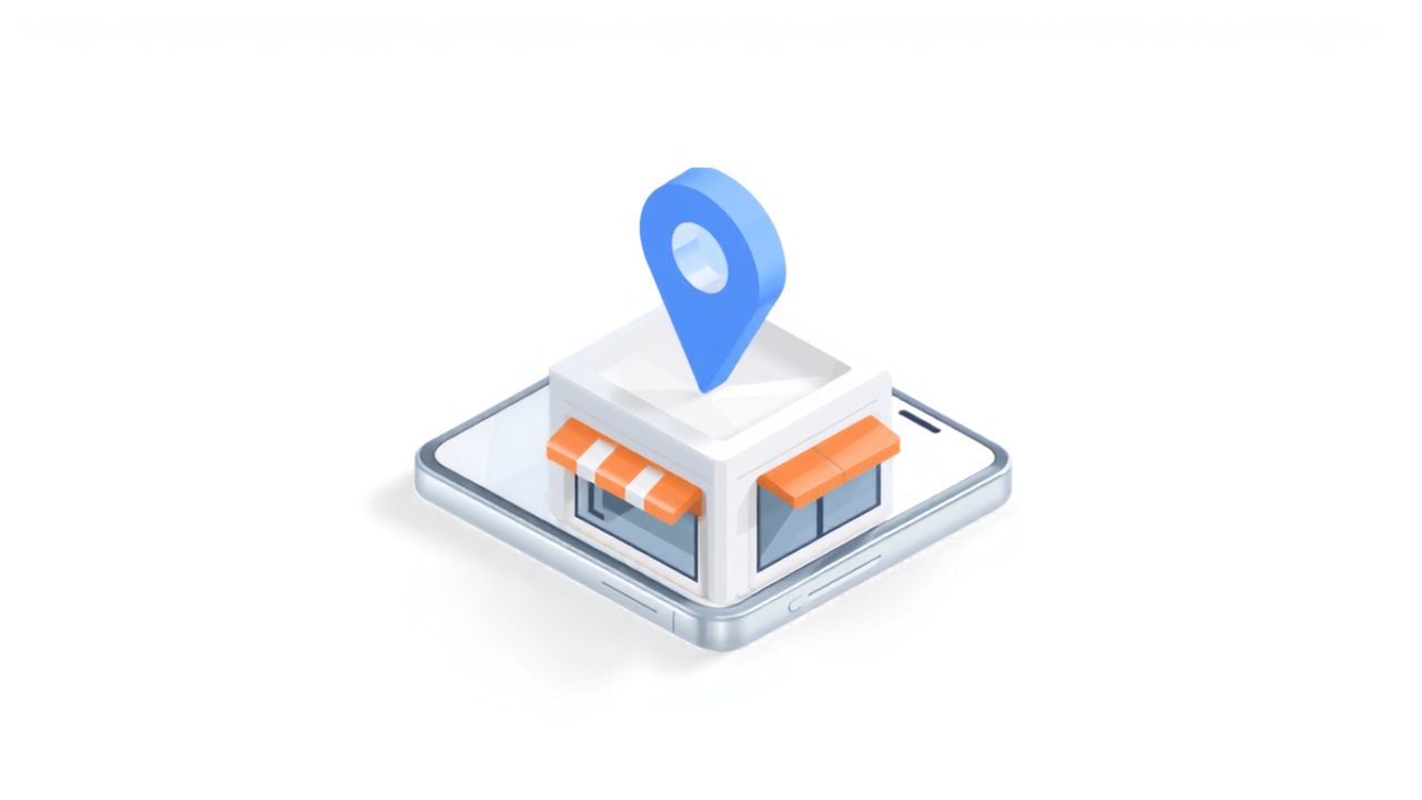 スマートフォン上の店舗とGoogleマップのピンを示すアイソメトリックイラスト