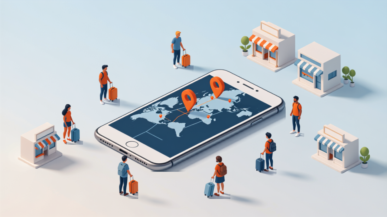 旅行者とスマートフォンの世界地図が並ぶよくある質問のイメージイラスト
