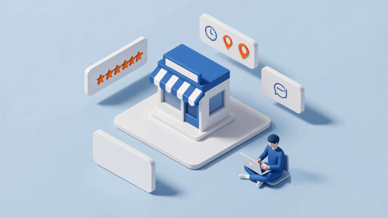 店舗と星評価・レビューの吹き出しが並ぶ口コミ運用のイラスト