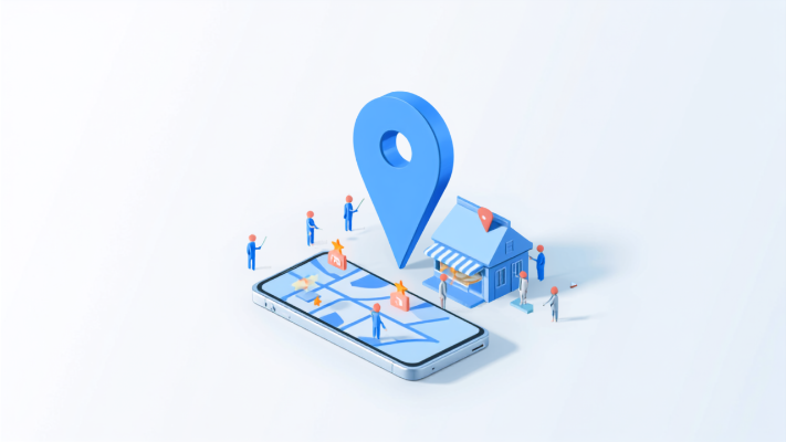 Googleマップと店舗、口コミを投稿する人々を表したアイソメトリックイラスト