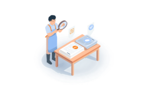 MEO業者の提案書を虫眼鏡で比較検討する店舗オーナーのイラスト