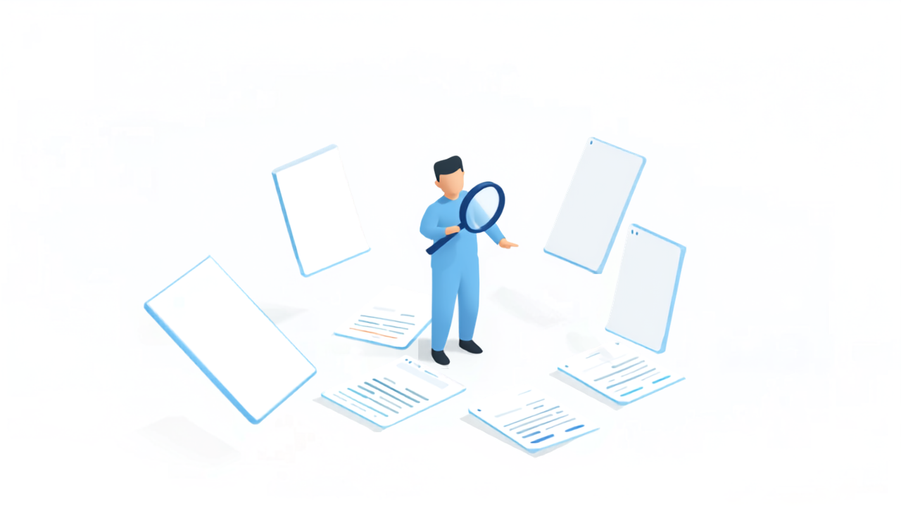 複数の提案書類を虫眼鏡で見極める人のイラスト