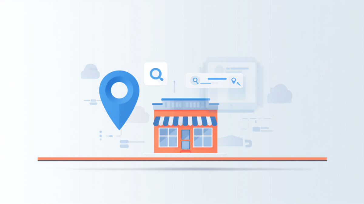 店舗とGoogleマップのピン、検索窓を描いたMEOのイメージ