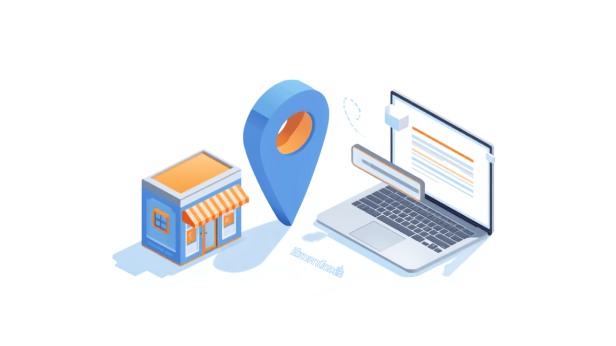 店舗とGoogleマップのピン、パソコンを描いたMEOとSEOのイメージ