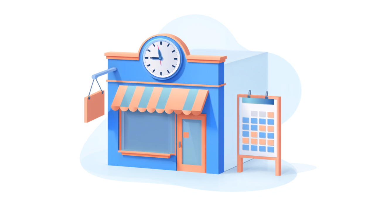 店舗の営業時間を管理するイメージのアイソメトリックイラスト
