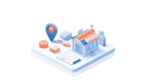 MEO対策の費用と店舗・地図ピン・見積書を表したアイソメトリックイラスト