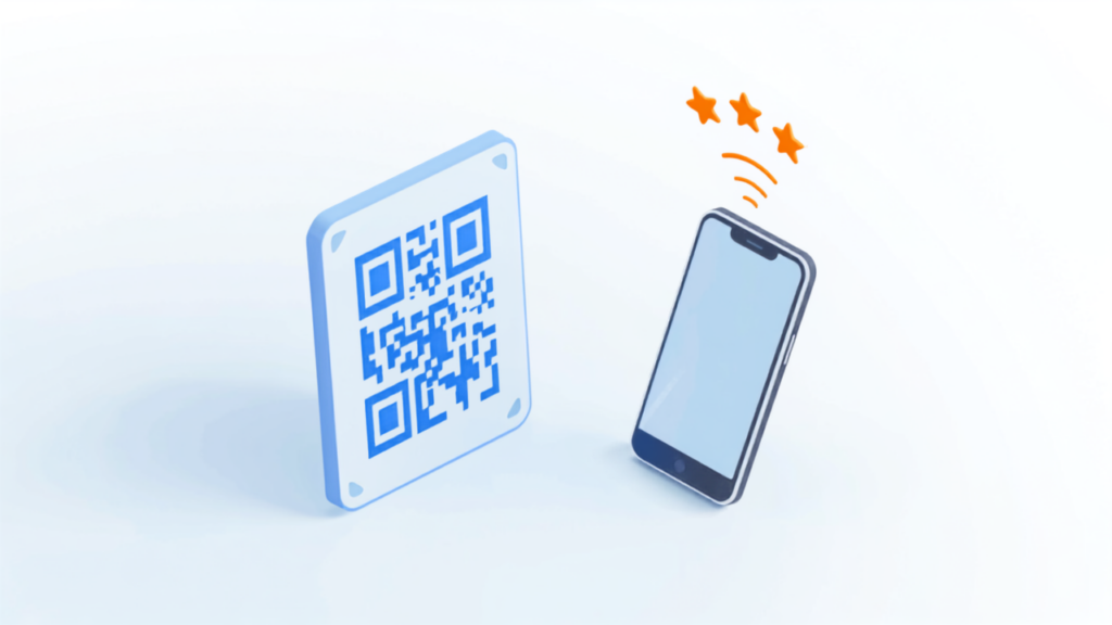 Google口コミ用QRコードとスマートフォンのアイソメトリックイラスト