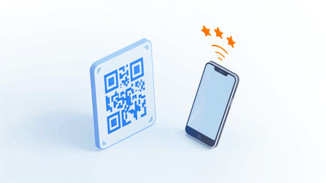 Google口コミ用QRコードとスマートフォンのアイソメトリックイラスト
