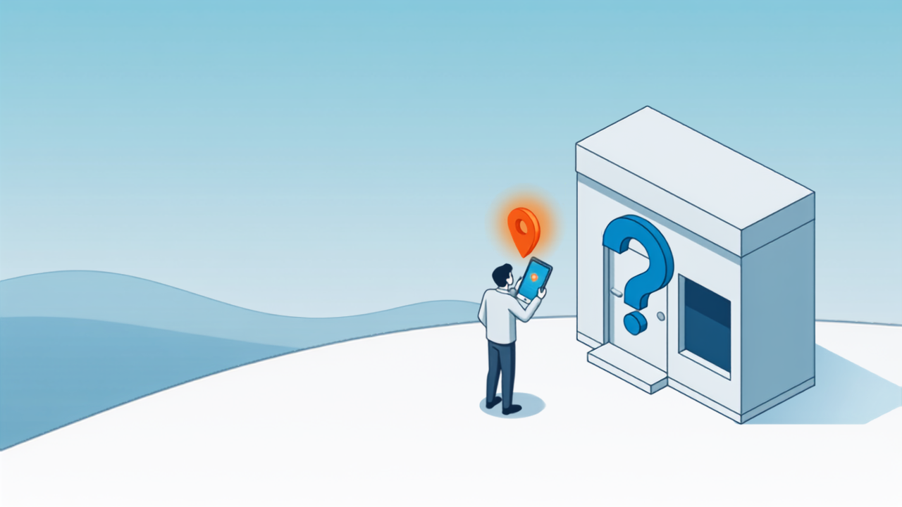 スマホの地図を見ながら初めての店の前でためらう人のイラスト