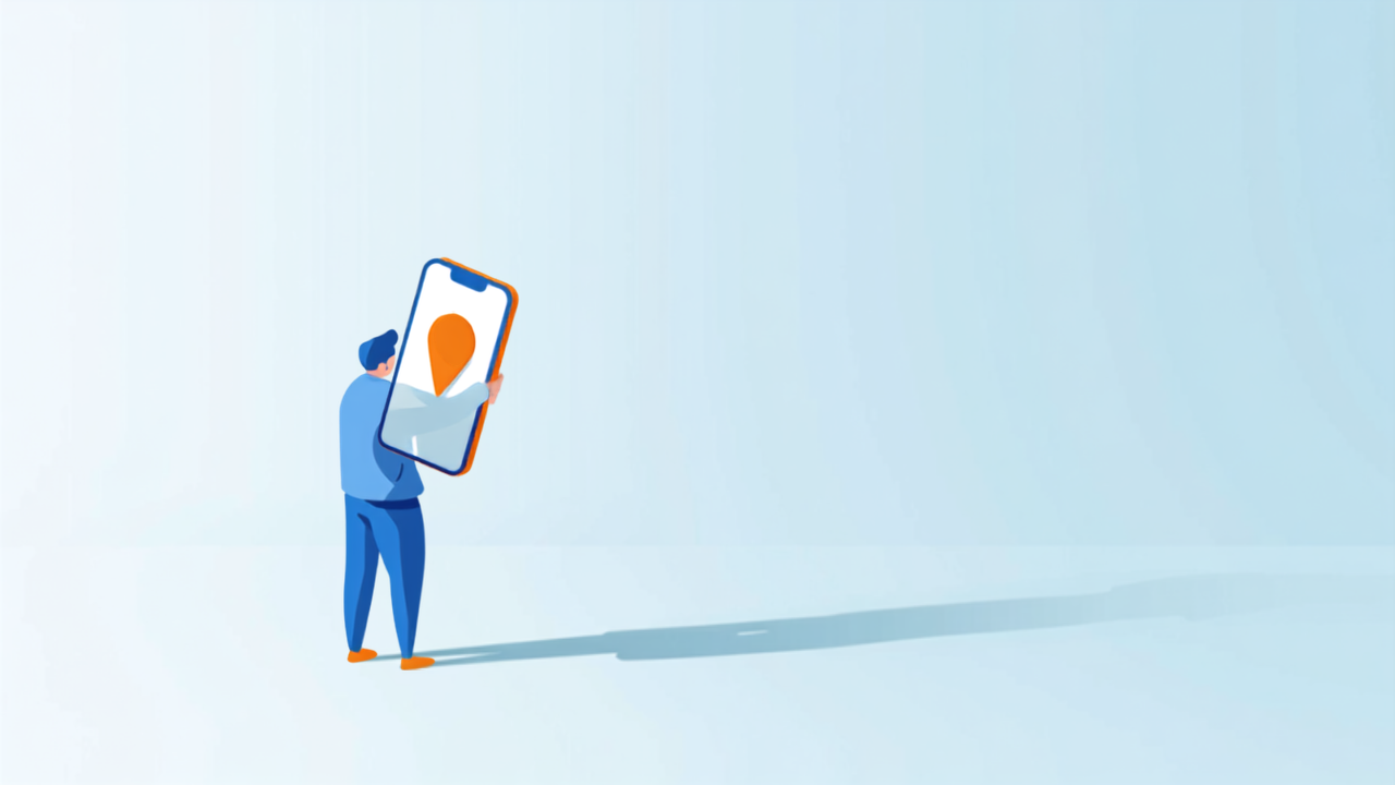 大きなスマートフォンの地図ピンを見る人のイラスト