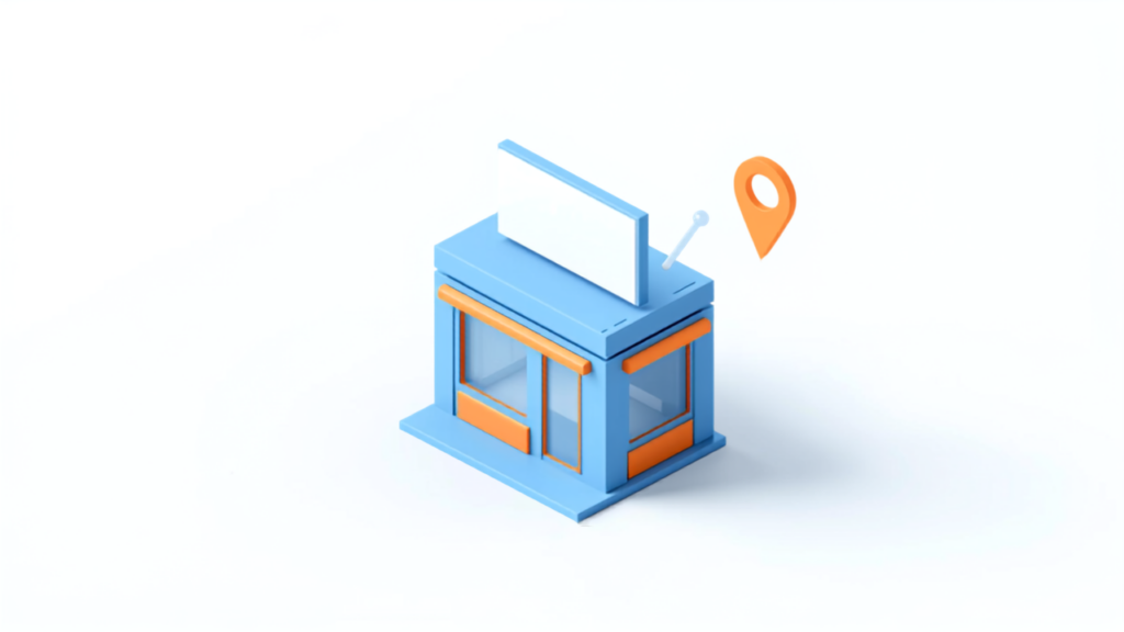 店名を掲げた店舗とGoogleマップのピンを表したアイソメトリックイラスト