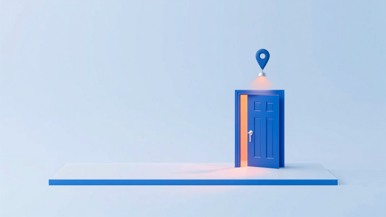 オレンジの光がもれる開いた青いドアと地図ピンのアイソメトリックイラスト