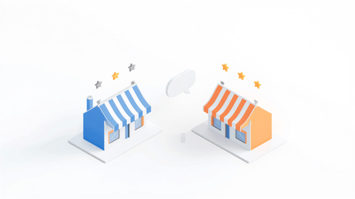 星評価が表示された2つの店舗のアイソメトリックイラスト