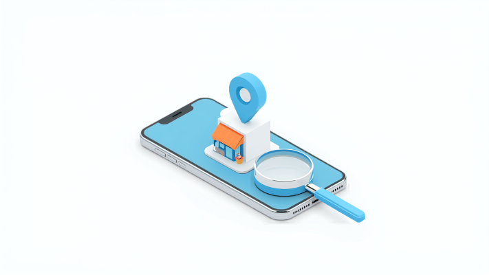スマートフォンの上に店舗と虫眼鏡があるアイソメトリックイラスト