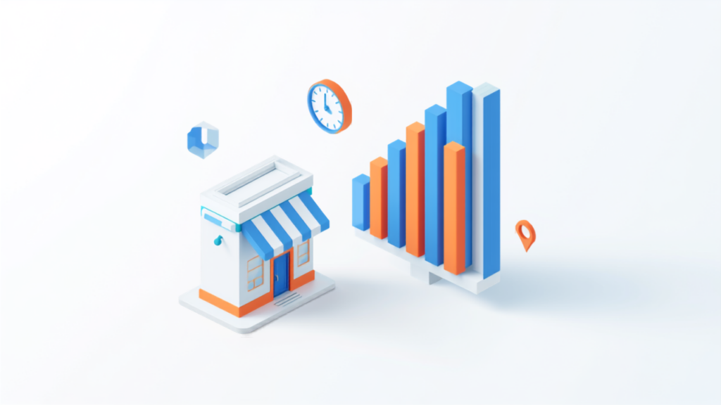 Googleマップの混雑する時間帯を表す店舗と棒グラフのイラスト