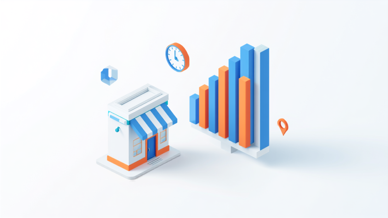 Googleマップの混雑する時間帯を表す店舗と棒グラフのイラスト