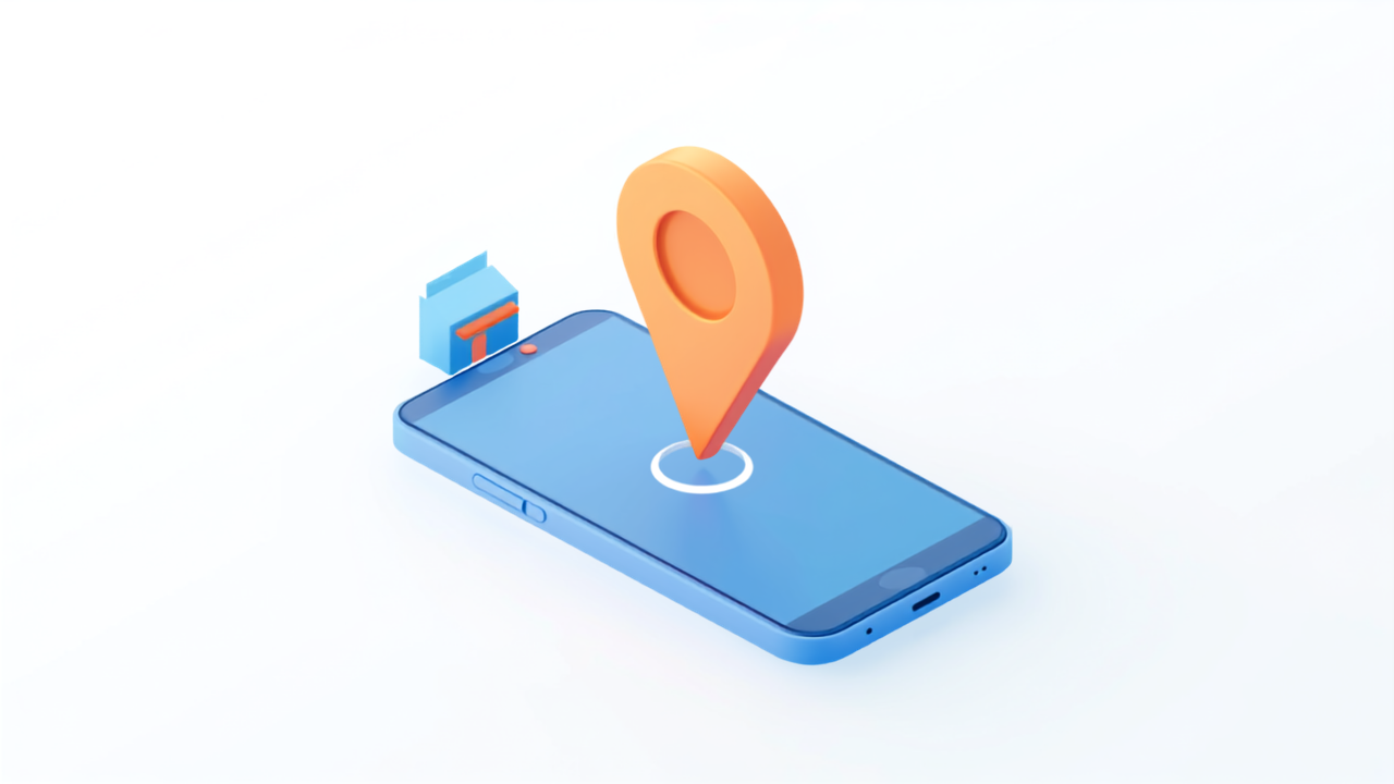 スマートフォンの地図上に店舗と位置情報ピンが表示されたイラスト