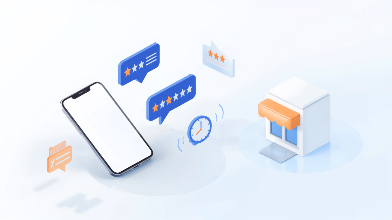 Googleの口コミ返信スピードをイメージしたアイソメトリックイラスト