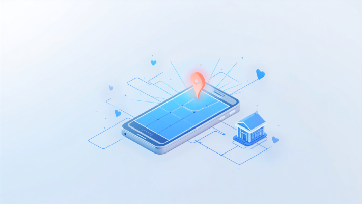 スマートフォンの地図と店舗が線でつながるアイソメトリックイラスト
