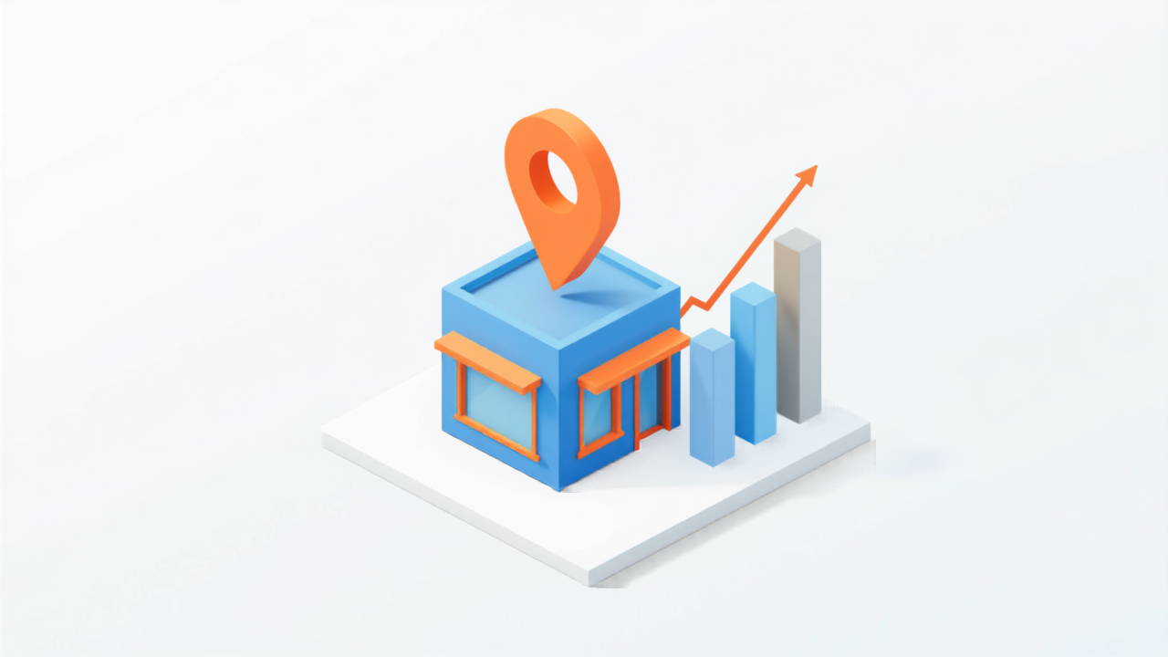 MEOの1年間の取り組みに関するよくある質問を表す店舗と地図ピンのアイソメトリックイラスト