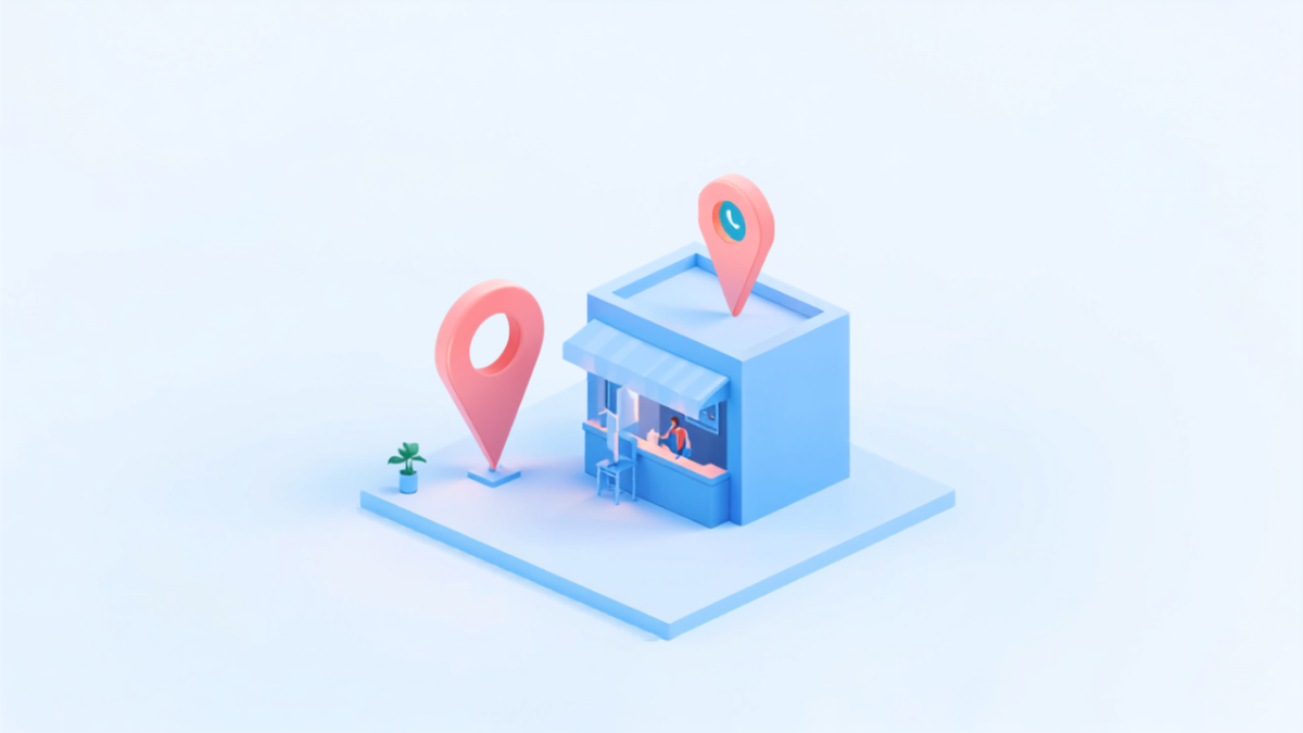 ひとりで店を切り盛りするオーナーと地図ピンのイラスト