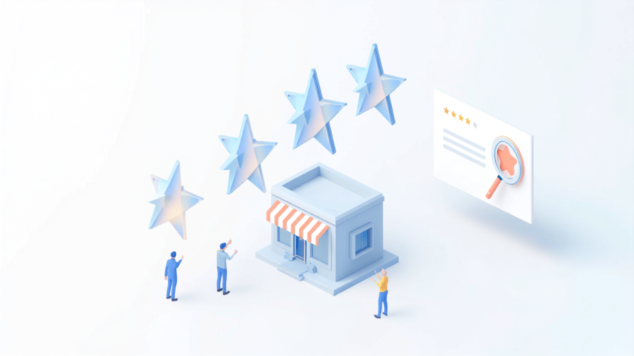 Googleマップの店舗と星評価を表すアイソメトリックイラスト