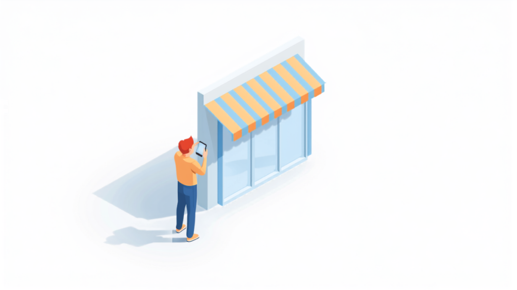 スマートフォンで店舗の外観を撮影する人物のアイソメトリックイラスト