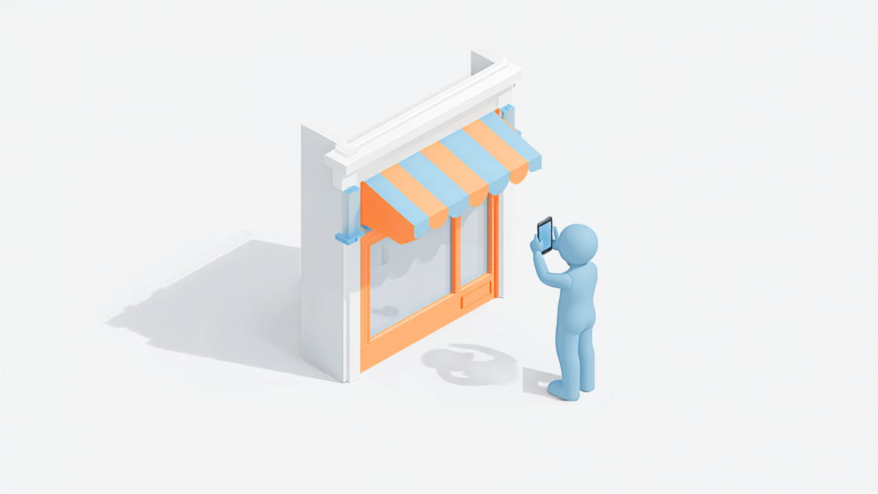 スマートフォンを構えて店舗を撮影する様子のアイソメトリックイラスト