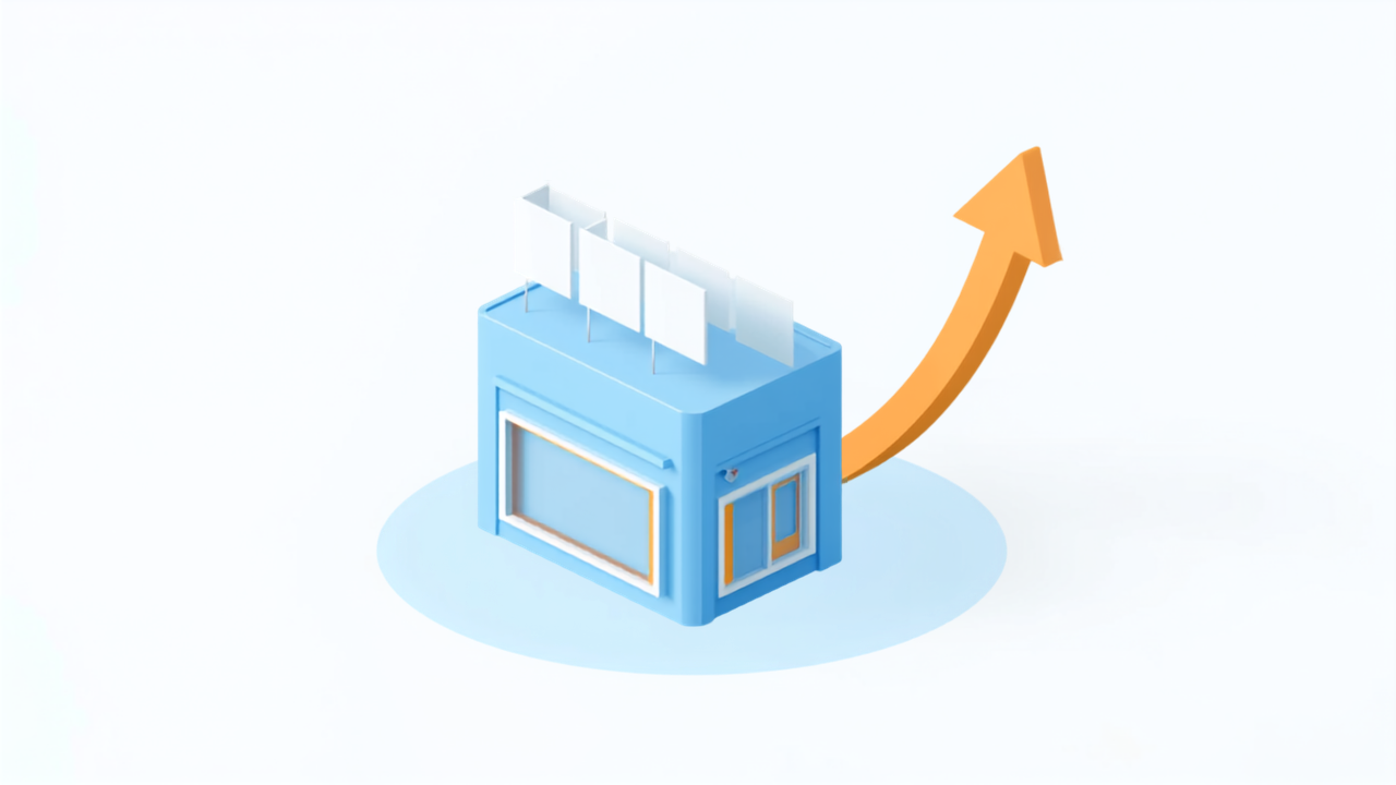 店舗と写真と上向きの矢印を表すアイソメトリックイラスト