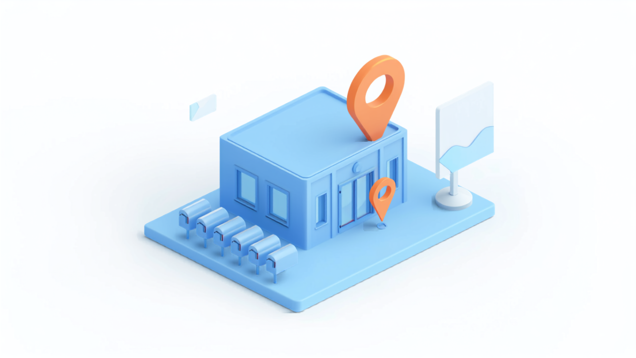 バーチャルオフィスの住所とGoogleマップの位置ピンを表すアイソメトリックイラスト