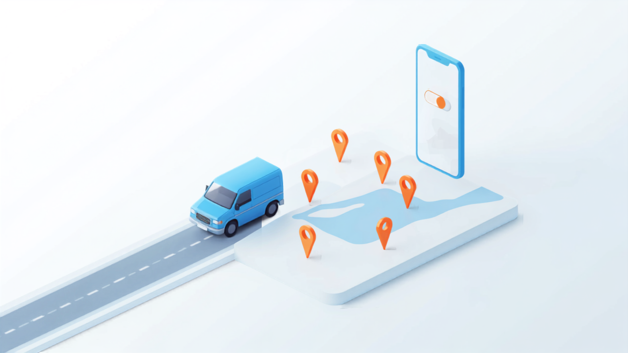 スマートフォンの設定と地図上の複数のピンを表すアイソメトリックイラスト