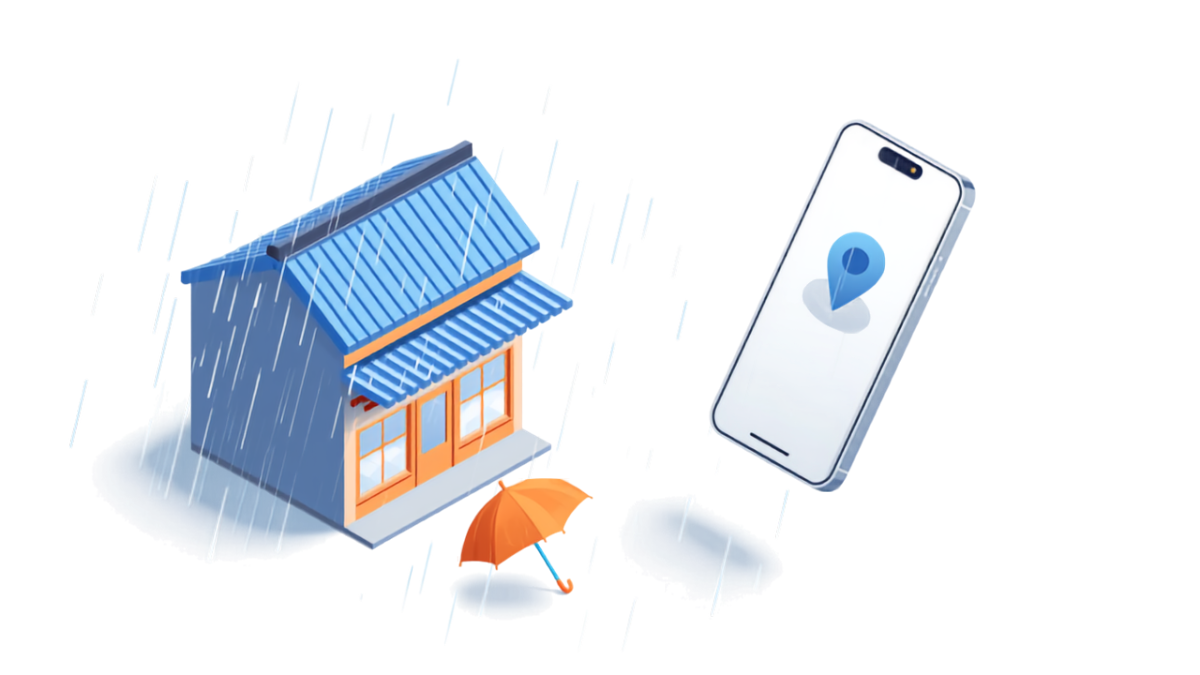 雨の中の店舗とGoogleマップのピンを示すスマートフォンのアイソメトリックイラスト