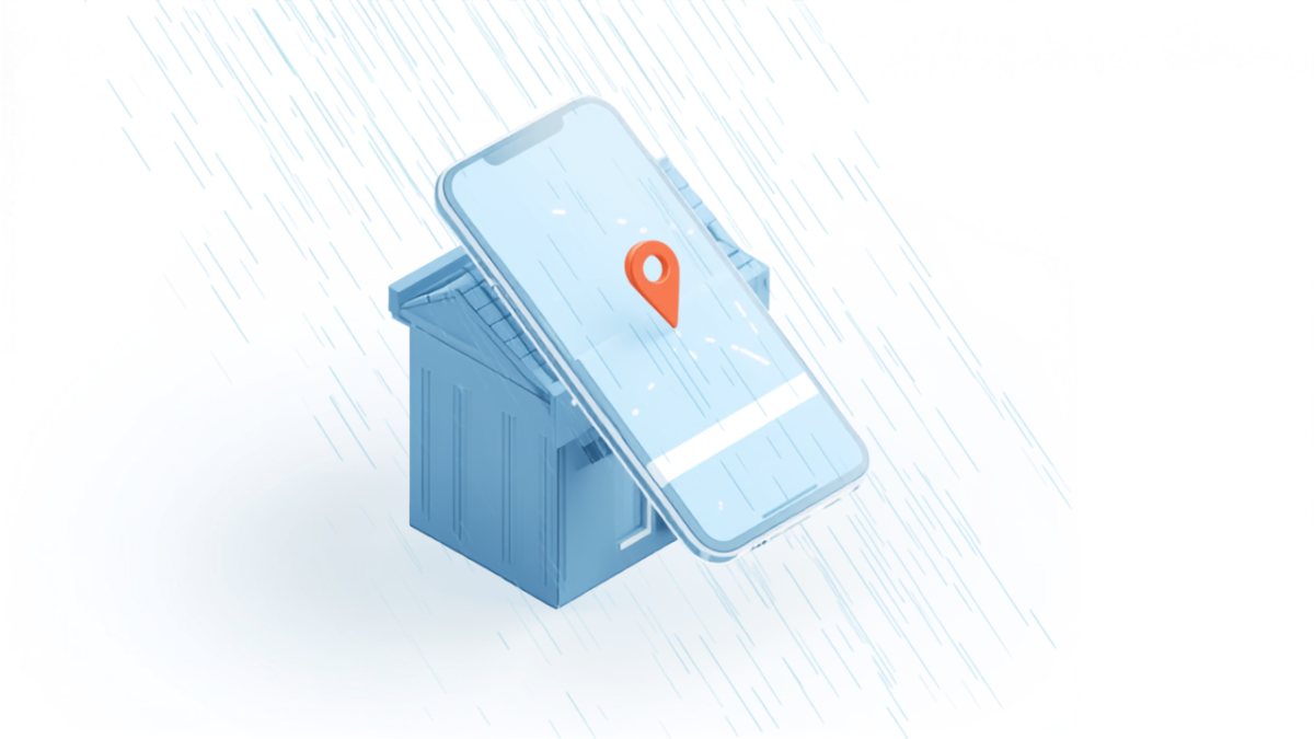 雨の店舗とスマートフォンの地図画面を表したイラスト