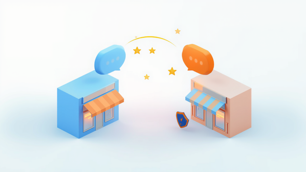 口コミの相互投稿をイメージした、向かい合う2つの店舗と星・吹き出しのイラスト