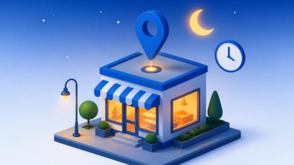 深夜の店舗と地図ピンのイラスト