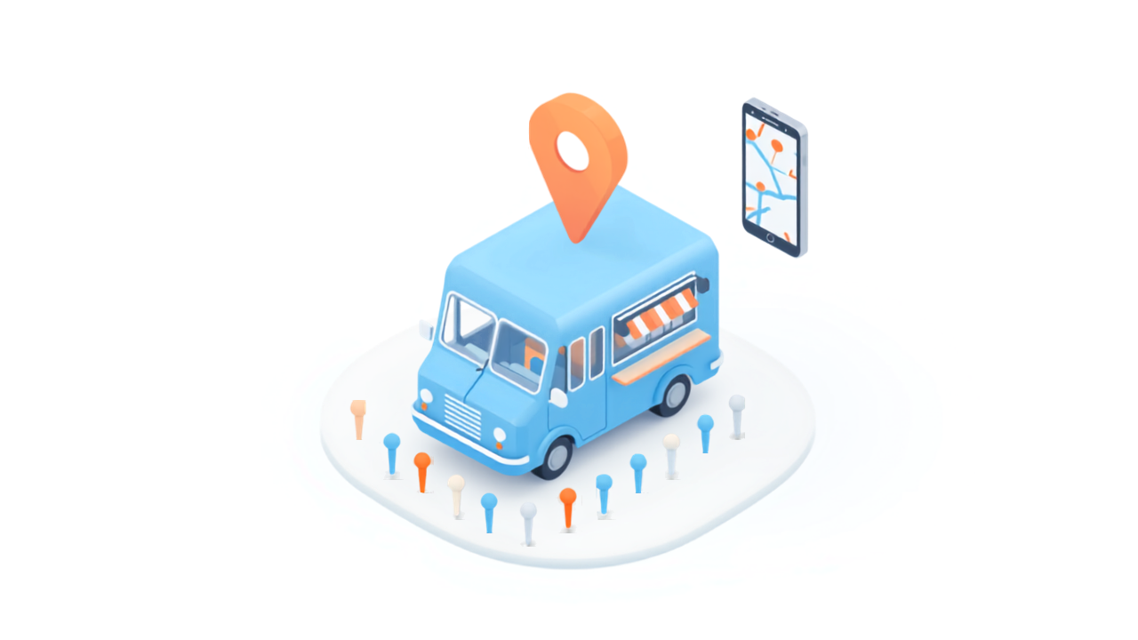 キッチンカーの周りに複数の地図ピンが並んでいるイラスト