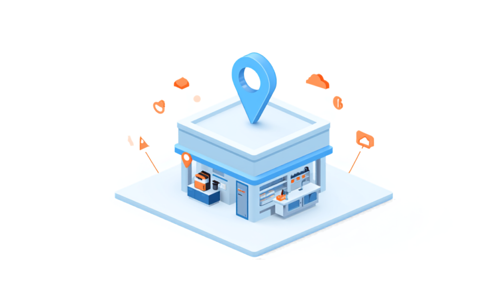 複数の業態が同居する店舗とGoogleマップのピンを表したアイソメトリックイラスト