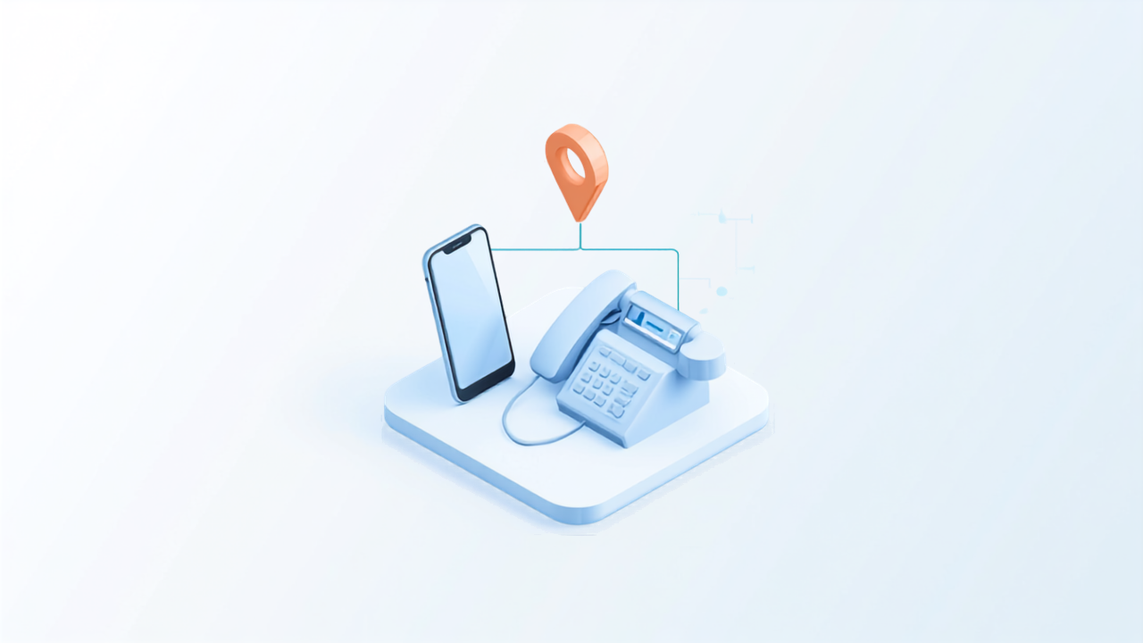 スマートフォンと固定電話がオレンジ色の地図ピンとつながるアイソメトリックイラスト